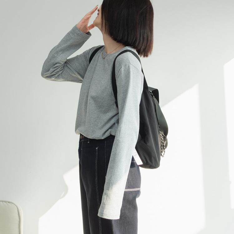 简约纯色宽松长袖纯棉罗纹领正肩