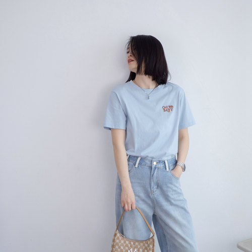 短袖简约常规经典纯棉女蓝色宽松