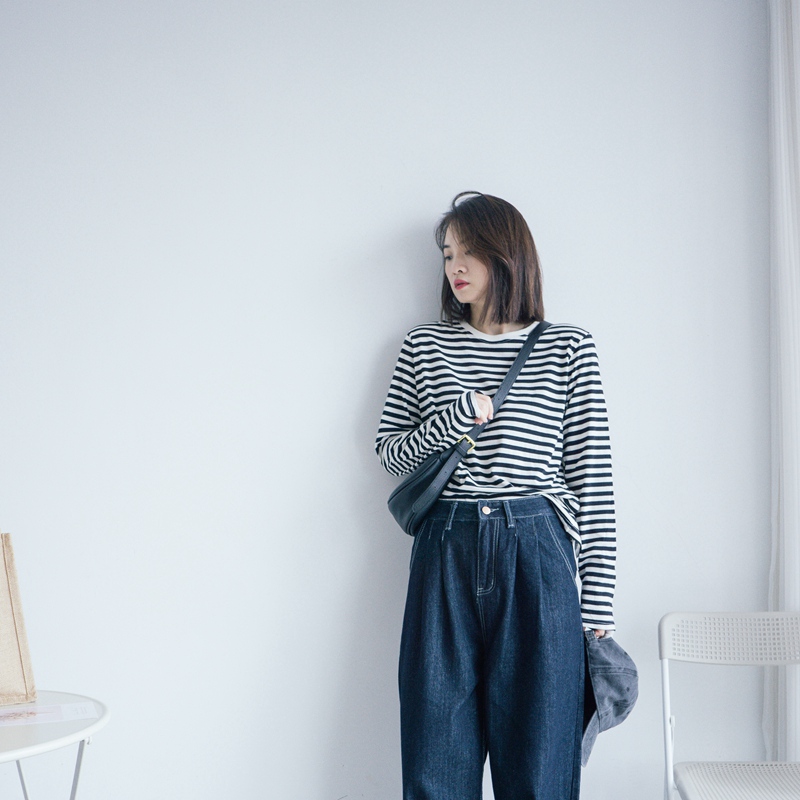 长袖正肩经典常规条纹宽松纯棉女