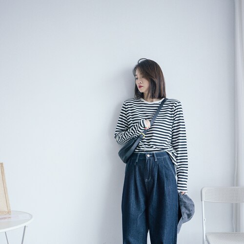 长袖正肩经典常规条纹宽松纯棉女
