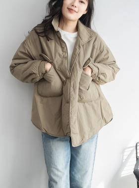 2025工装风大口袋棉衣女秋冬宽松卡绿色衬衫领保暖轻棉服百搭外套