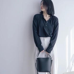 女 2025春季 新款 黑色简约宽松百搭开扣t恤亨利领长袖 防晒显瘦罩衫