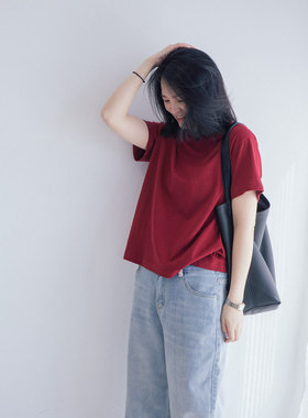 2025春夏新款简约短款显白纯红色正肩宽松圆领百搭显瘦INS风T恤女