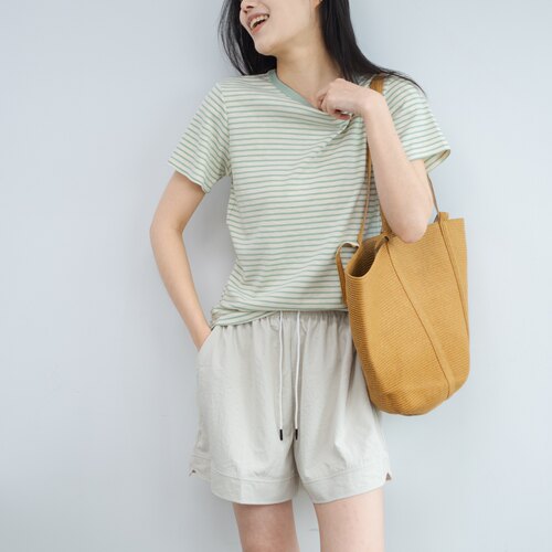 夏正肩减龄韩系绿条纹短袖T恤女
