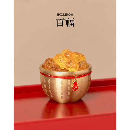 逅里 《聚百福》黄铜聚宝盆 乔迁入户玄关布置摆件 开业高档礼物