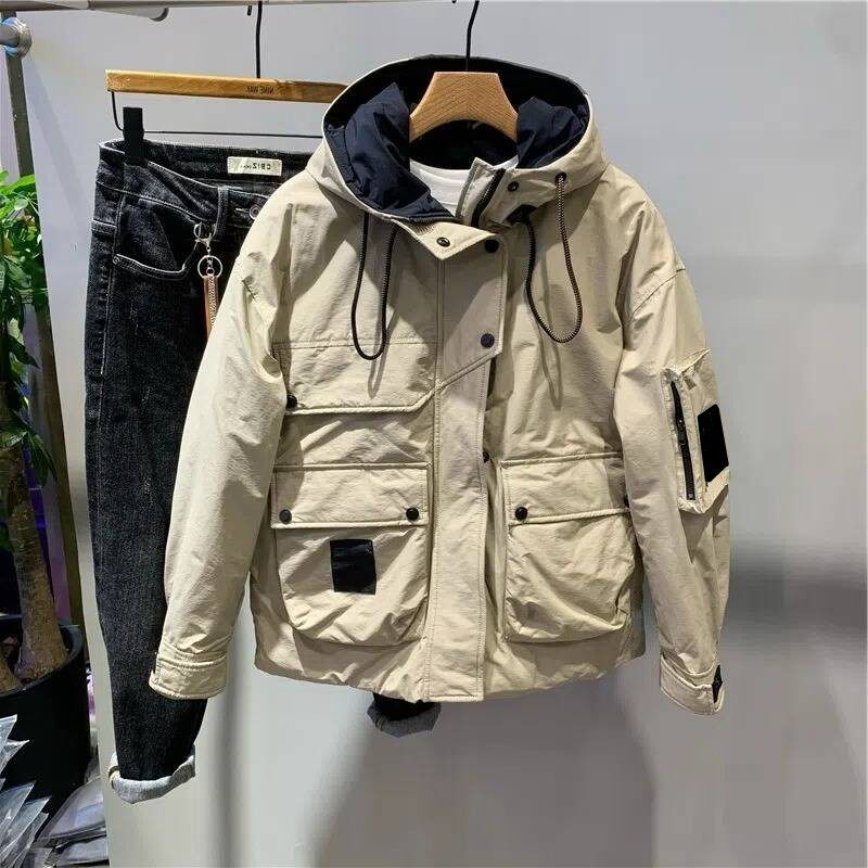 WINTER TRENDY BRAND PANELS CONTRASTING MENS HOODED BREAD CLOTHES PERSONALITY LABELING CARGO WEAR OUTDOOR COTTON COAT LOOSE COAT TRENDY