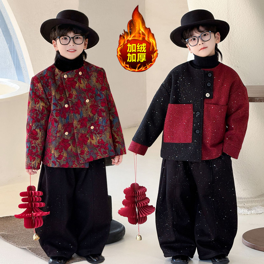 新年战袍男童小香风外套儿童西装套装加绒加厚冬装洋气喜庆拜年服