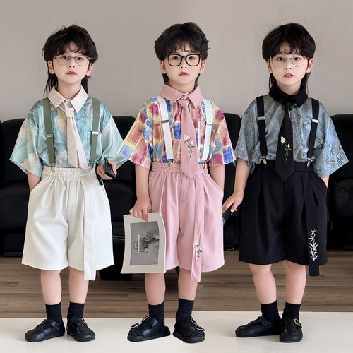 儿童礼服夏季痞帅韩范西装套装男童衬衫背带裤宝宝洋气走秀演出服