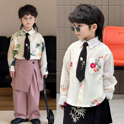 男童衬衫轻薄国风春夏款儿童长袖衬衣套装宝宝百搭上衣痞帅男宝潮