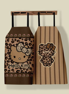 时尚复古豹纹猫厨房混纺棉麻围裙防水家用做饭专用挂脖罩衣围腰