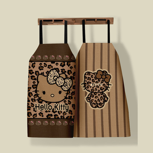 时尚复古豹纹猫厨房混纺棉麻围裙防水家用做饭专用挂脖罩衣围腰