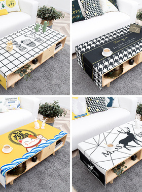 北欧风长方形防水茶几布双口袋防尘桌布加厚棉麻盖布格纹台布定制