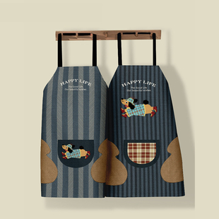 家庭厨房耐脏耐磨加厚棉麻围裙可爱狗狗防泼水挂脖式 工作服均码