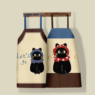 戴帽子的猫可爱围裙百搭做饭耐脏耐磨防水围腰绑带式无袖罩衣均码