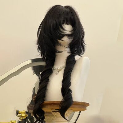 假发女水母头齐刘海长卷发黑茶色