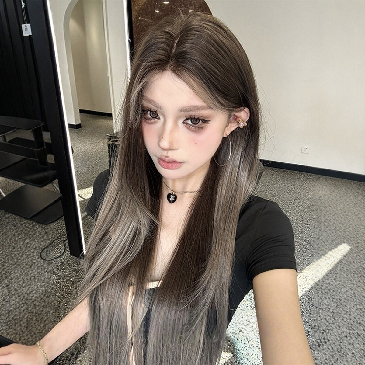 【芝麻乌龙】假发全头套女前额蕾丝黑灰挑染渐变中分长直发仿真发