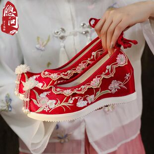 2025春季款汉服鞋子女学生古风女搭配汉服内增高古风红色绣禾婚鞋