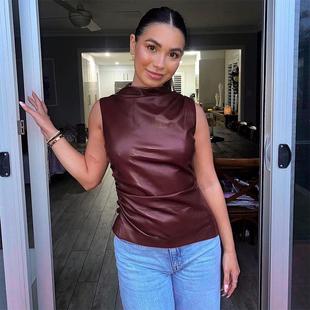 piled leather stylish womens collar sleeveless women faux