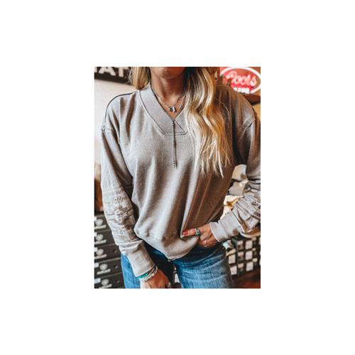 ribbed V-neck long-sleeved patchwork embroidered Womens