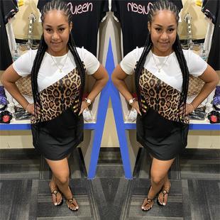 stitching print dress contrast casual leopard personality