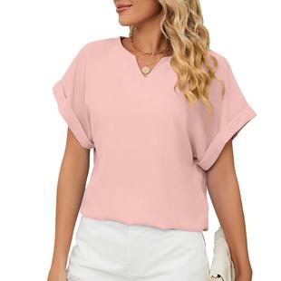 Solid women color neck chiffon short top loose sleeved