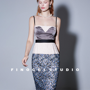FINOCCI秋定制亮片绣花压褶重工蕾丝缎面钉珠高贵派对约会吊带裙