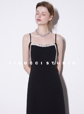 FINOCCI身线玲珑灵动流苏亮钻荡漾梦幻黑色奢侈感复古女神连衣裙