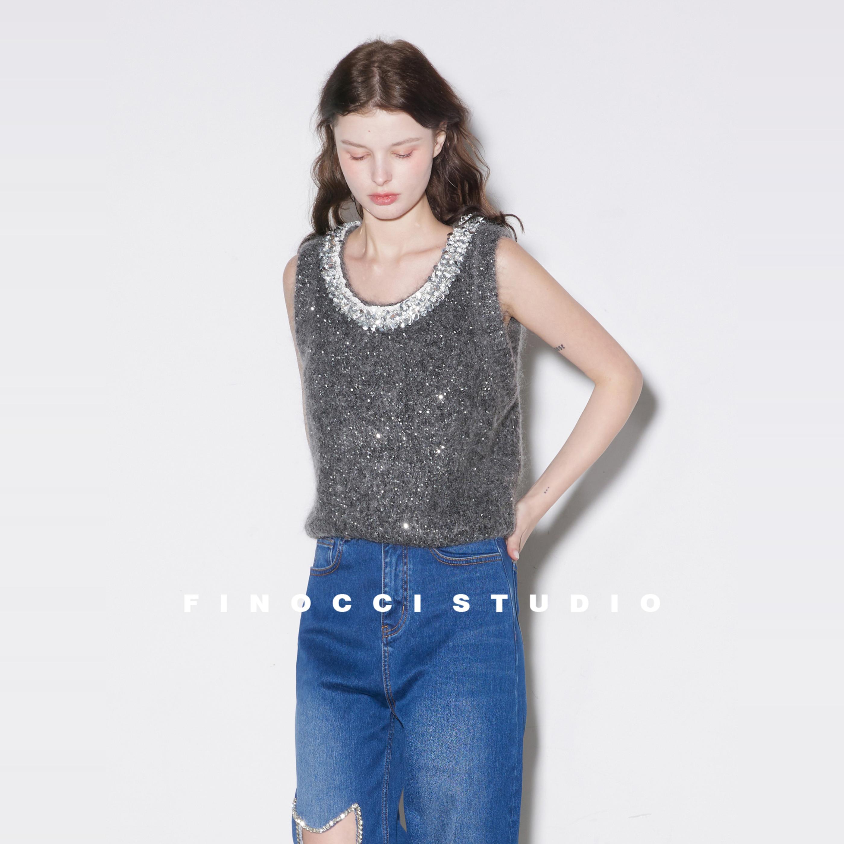 FINOCCI马海毛手工亮片织带背心