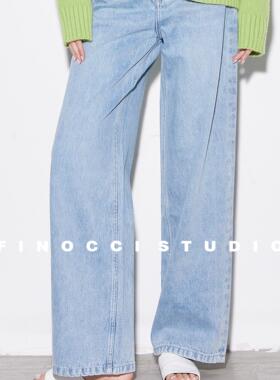 FINOCCI进店B败牛仔棉质水洗蓝色轻柔百搭高腰长腿直筒加厚牛仔裤