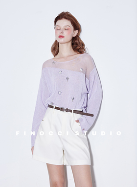 FINOCCI清爽莱赛尔混织透视肩部手工立体花朵钉珠针织上衣防晒衫