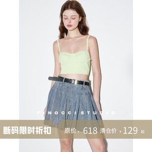 FINOCCI超繁复重工手工烫褶72道夏日搭配BI入减龄百褶牛仔半身裙