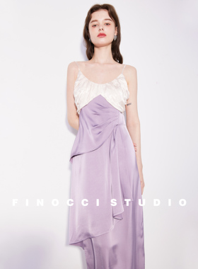 FINOCCI|夏季法式提花撞色缎面拼接吊带裙女优雅显瘦气质连衣裙