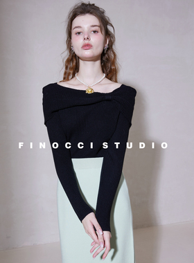 FINOCCI秋季新款羊毛蝴蝶结大船领优雅亲肤修身三色针织衫女