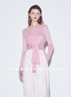 FINOCCI云朵感桑蚕丝莱赛尔亲肤随性多穿法百搭绑带纽扣松弛感T恤