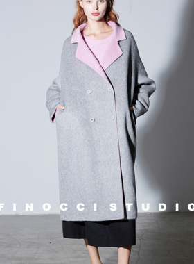 FINOCCI冬羊毛蚕丝进店B败手工双色双面呢女高级感中长款大衣外套