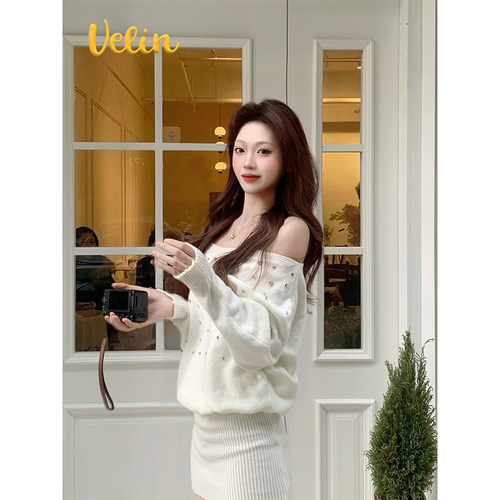 Velin 韩国博主同款一字肩针织连衣裙包臀短裙钉钻设计纯欲风气质