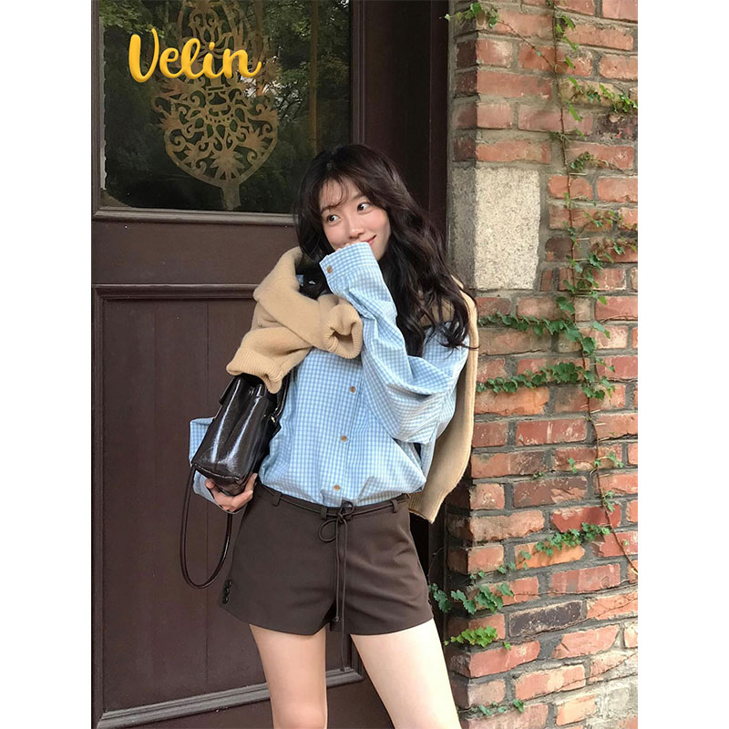 Velin 韩国博主同款蓝色格子POLO领衬衫简约气质百搭宽松通勤日常