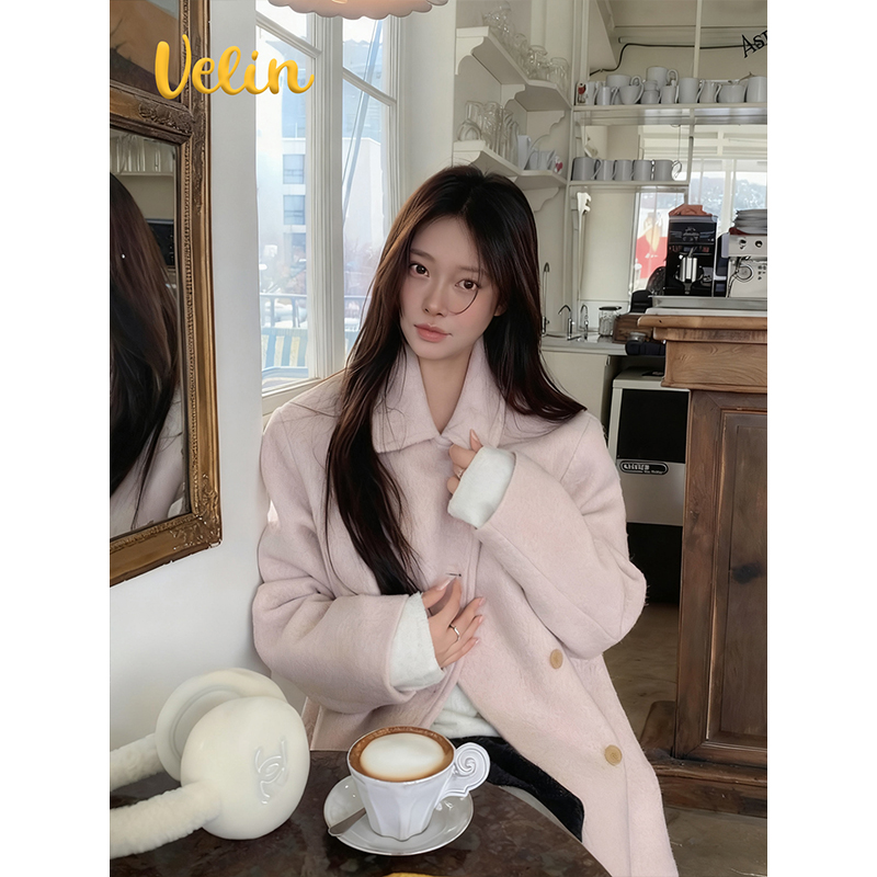 Velin 温柔风甜美韩系毛呢粉色翻领大衣外套慵懒风休闲宽松保暖女