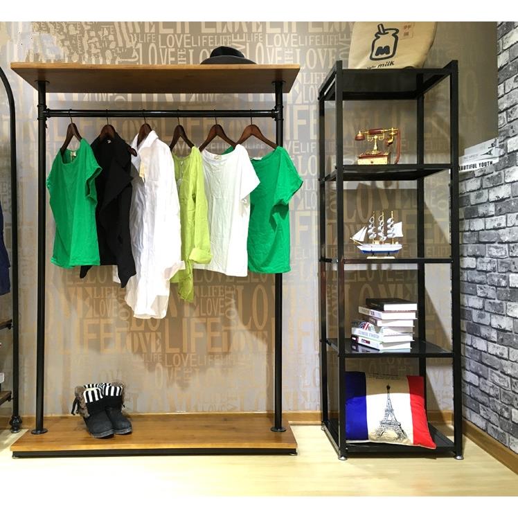 热销铁艺服装店衣架展示架复古服装架落地女装货架装修实木加粗挂