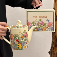 花卉图案陶瓷茶壶水具套装礼盒装BEST WISHES礼盒套装手工茶杯