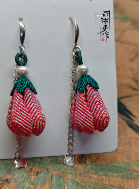 粉蜡线玉兰花手工编织925银耳环
