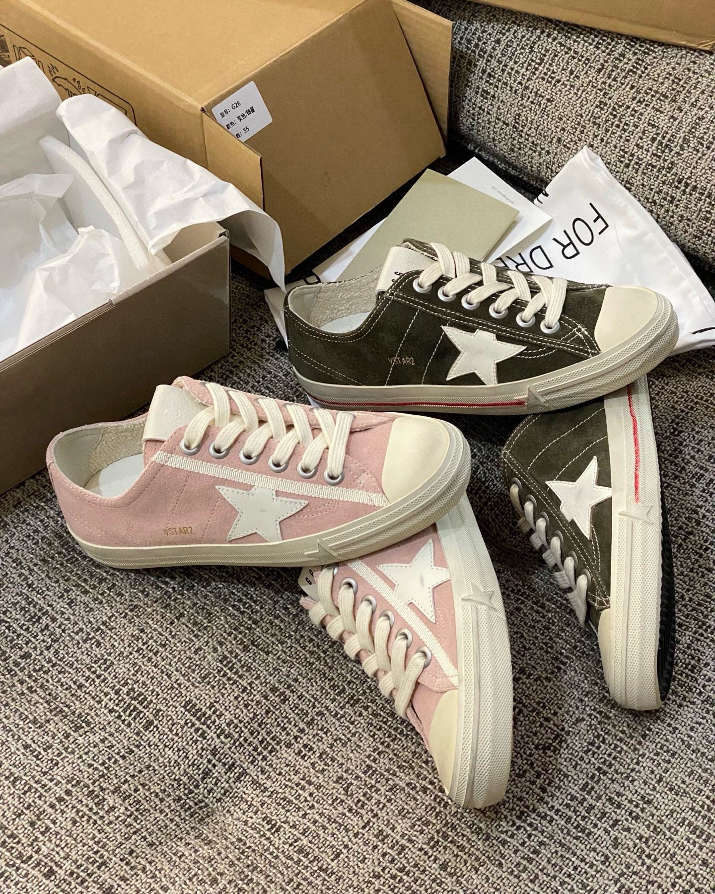 maomao—新品GGDB粉色军绿星星做旧帆布鞋内增高休闲板鞋小白鞋