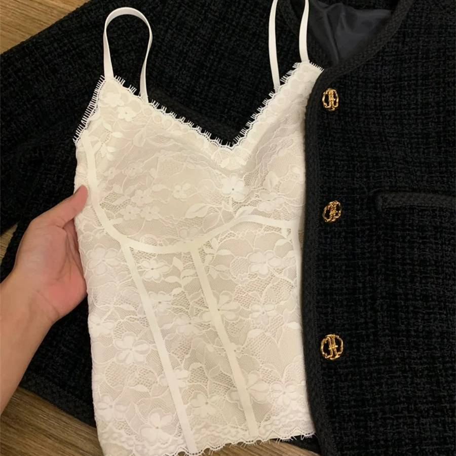 纯欲复古碎花吊带背心女夏薄款带胸垫无痕蕾丝内衣无钢圈聚拢文胸