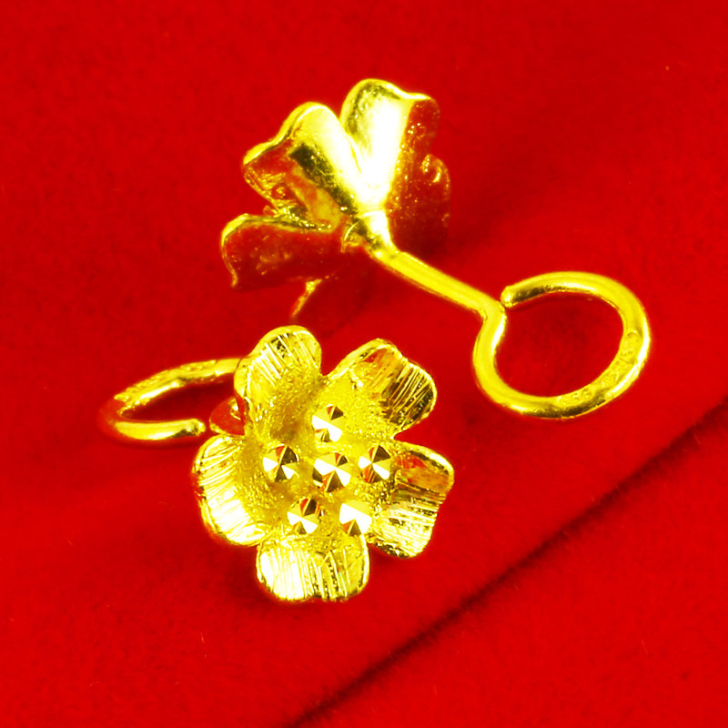 正品黄金耳钉9999足金女士素金耳环大花朵弯钩纯金耳饰真金送妈妈