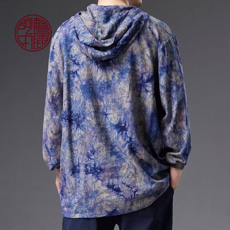 【阿曹本铺】秋冬抓染带帽衣中国风盘扣套头带帽竹节棉麻卫衣