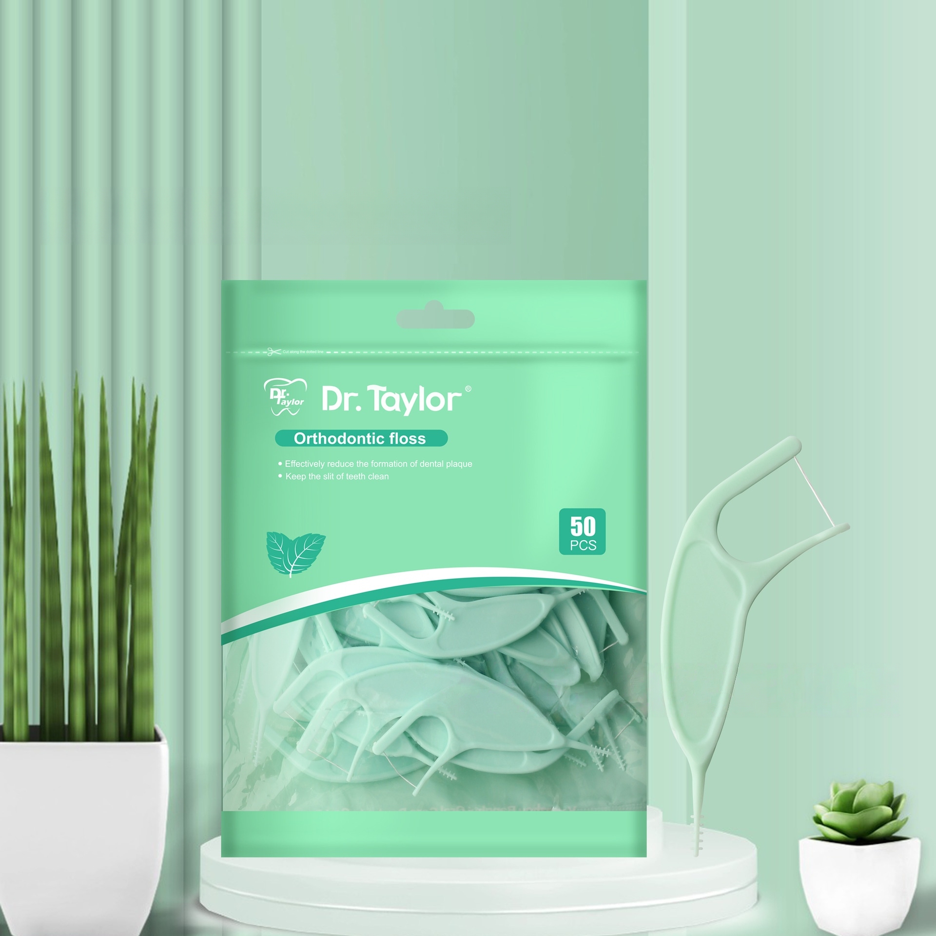 正畸牙线棒带毛刷二合一外贸英文出口跨境牙缝刷齿间刷带尾刷毛