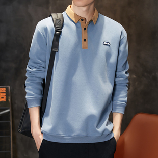 polo衫卫衣男春秋季美式高街重磅翻领上衣撞色学院风宽松休闲外套