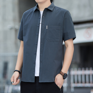衬衫 短袖 纯棉薄款 休闲衬衣全棉商务修身 上衣服 夏季 有口袋半袖 男士