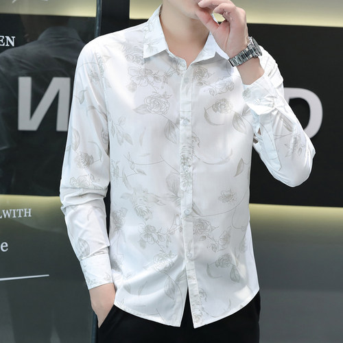 印花衬衫男长袖青年花卉图案防晒薄款修身时尚痞帅休闲碎花衬衣潮