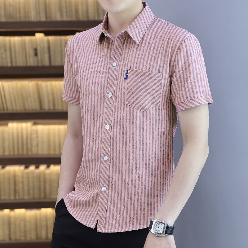 短袖衬衫男夏季薄款韩版条纹修身潮流帅气衬衣半袖夏装休闲上衣服